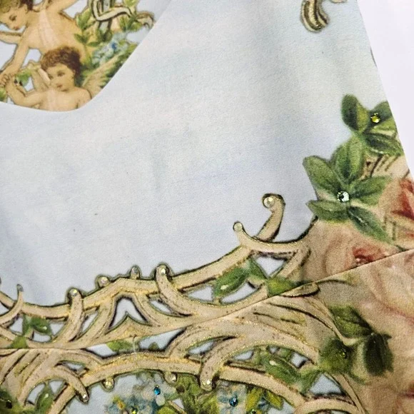 Y2K Michal Negrin Tank Top Green Blue Angels Floral Brocade Rhinestone V-neck S - Picture 3 of 10